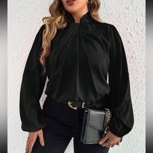 Classic Elegant Plus Size Long Sleeve Work Office Top Blouse Shirt Black